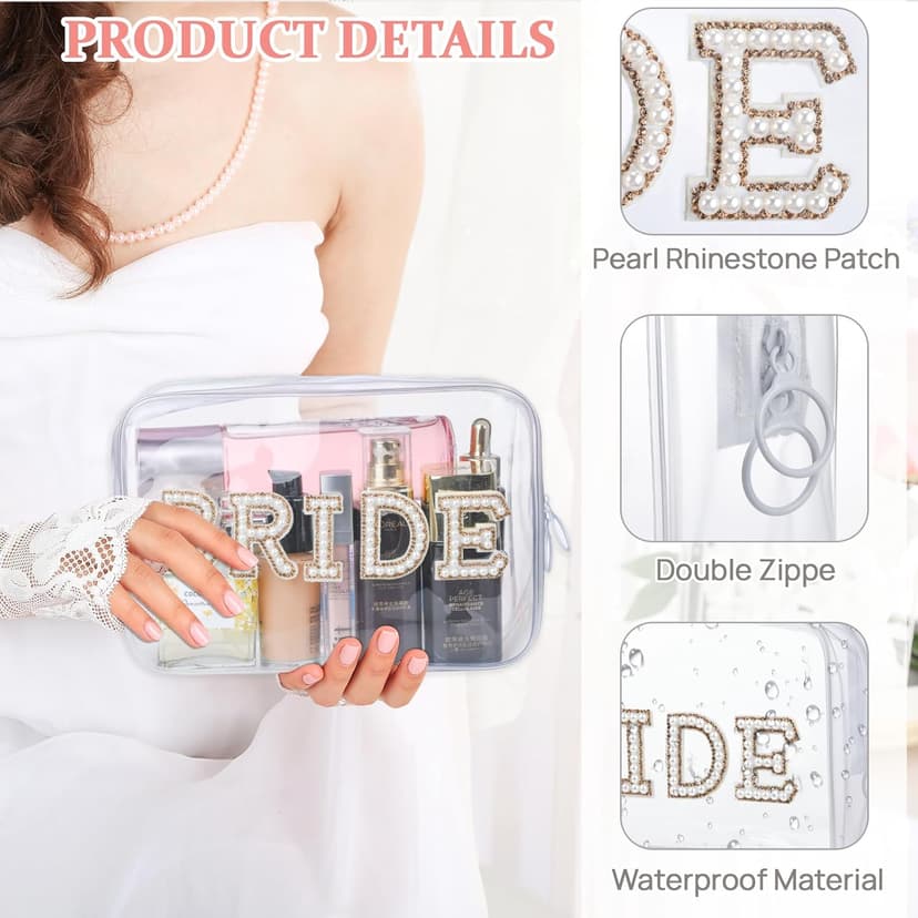 Etercycle Bride Clear Makeup Bag, Bridal Shower Gifts Engagement Cosmetic Bag, Bling Pearl Rhinestone Letter Patches Waterproof PVC Travel Organizer for Women Wedding Bachelorette Party (Gold)