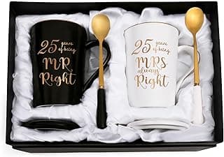 YHRJWN 25th Anniversary Presents, 25th Wedding Anniversary Presents for Couple Parents, 25th Mr Right Mrs Always Right Coffee Mugs, His and Hers Gifts, 14 Oz with Lids, Spoons and Gift Box