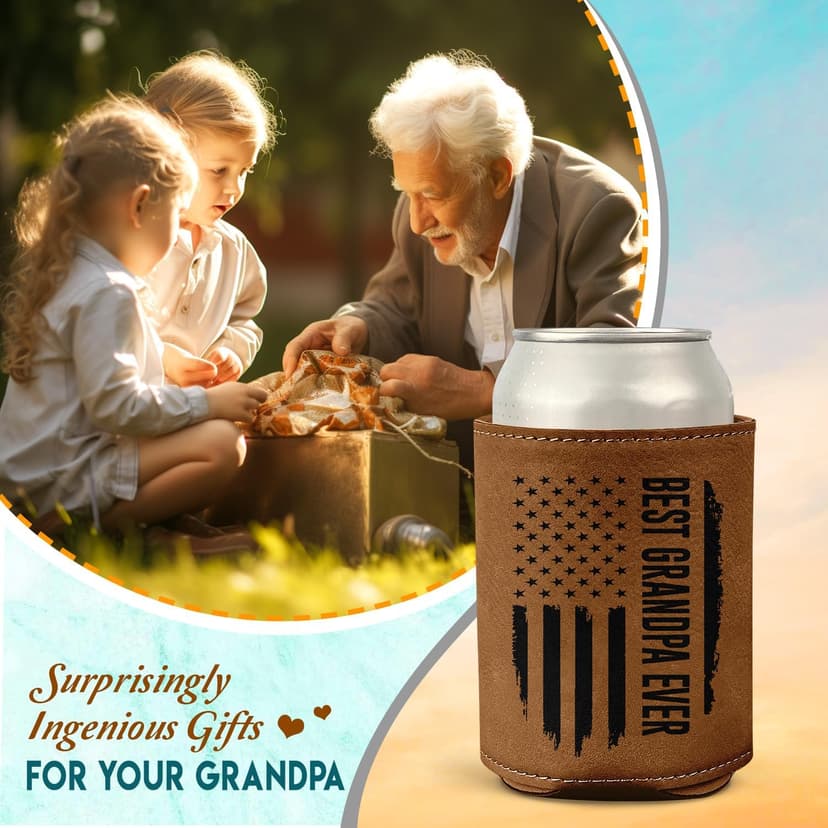 Best Grandpa Ever Gifts - Christmas, Birthday Gift For Grandpa From Granddaughter, Grandson, Kids - 12Oz Fit Collapsible Leather Beer Can Cooler Holder