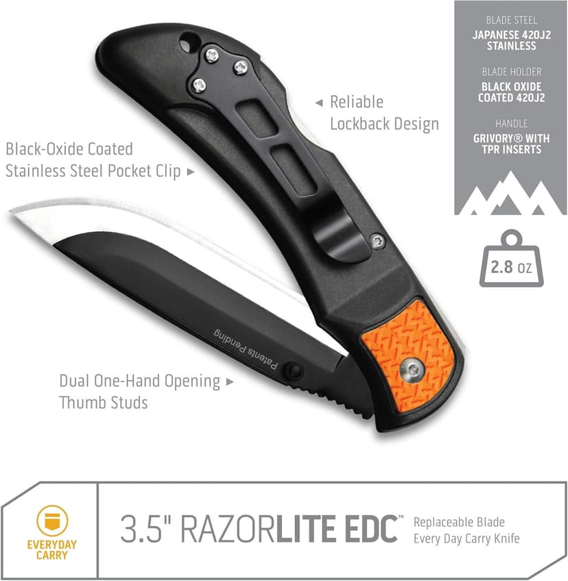 OUTDOOR EDGE OUTDOOR EDGE 3.5" RazorLite EDC Knife. Pocket Knife with Replaceable Blades and Clip. The Perfect Hunting Blade for Skinning Deer. Blaze Orange with 6 Blades