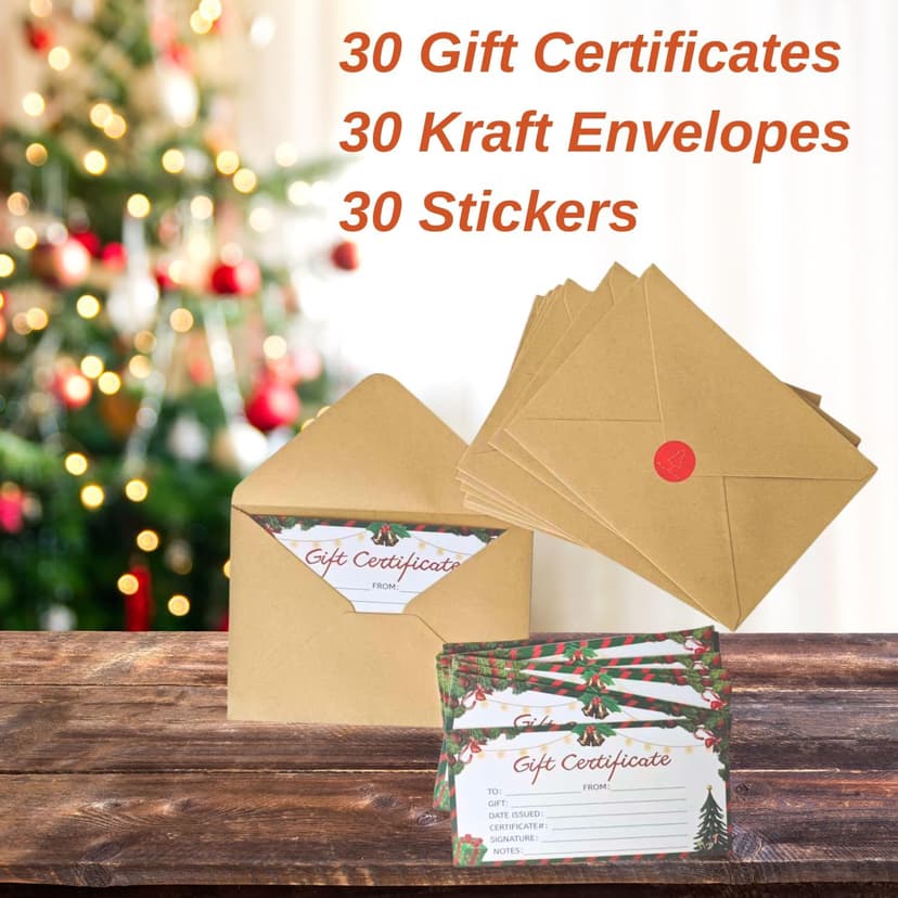30 Pack Gift Certificates for Business with 30 Kraft Envelopes 30 Stickers for Holiday Christmas Small Business Restaurants Spa Beauty Makeup Hair Salon