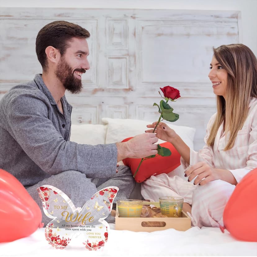 Romantic Wife Anniversary Birthday Gift Ideas, 5x3.8x0.5 Inch Butterfly Acrylic Plaque Decor, Mothers Day Valentines Christmas Wedding Present for Wife