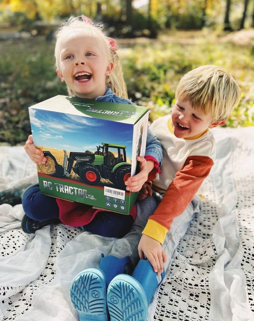 Remote Control Tractor Toy, Kids RC Tractor Set & Truck and Trailer Front Loader - Metal Car Head/8 Wheel/Light, Toddlers Farm Vehicle Toys for 3 4 5 6 7 8 9 Year Old Boys Girls Birthday Gift