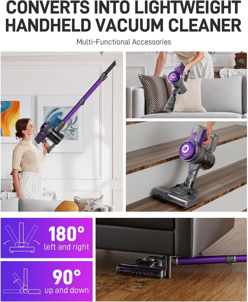 Cordless Vacuum Cleaner, Lightweight Stick Vacuum for Home, Handheld Cordless Vacuum for Hardwood Floor, Carpet & Pet Hair, Powerful Suction, Self-Standing, Purple