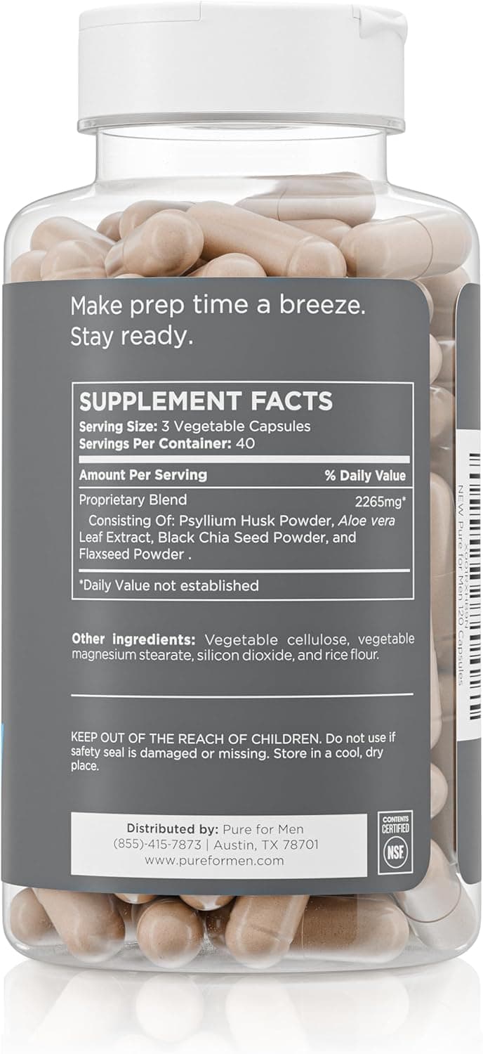 Pure for Men Pure for Men Original Vegan Cleanliness Stay Ready Fiber Supplement | Helps Promote Digestive Regularity | Psyllium Husk, Aloe Vera, Chia Seeds, Flaxseeds | Proprietary Formula | 120 Vegan Capsules