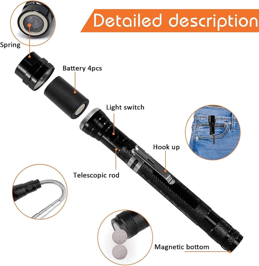 Magnetic Flashlight Gifts for Men Stocking Stuffers for Men Adults Pickup Tool Cool Extendable Magnet Telescoping Gadgets Christmas Birthday for Dad Him Husband Boyfriend Grandpa Handyman Mechanics