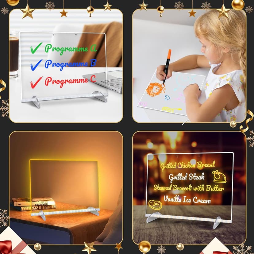 LED Note Board with Colors, 13.7"X10" 4 Modes & 7 Colors Acrylic Dry Erase Board with Light, Include Adapter, Hanging Chain, Led Drawing Board for Kids with Stand, 7 Markers, Spray Bottle