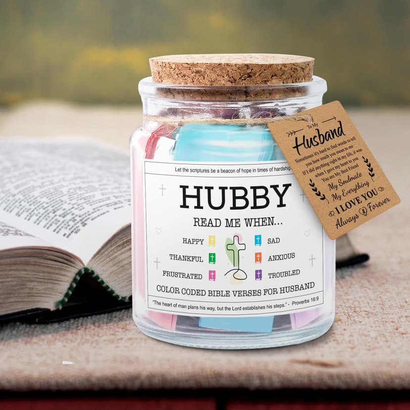 NewEleven Gifts For Husband - Husband Birthday Gift, Christian Gift For Him, Husbands - Anniversary Present For Him Hubby From Wife, Her - Decorative Glass Scripture Jar With 92 Bible Verse