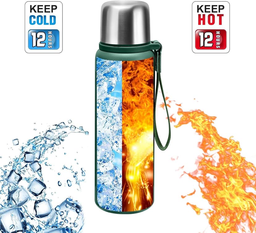 Vacuum Insulated Bottles with Cup 800ml/27oz Stainless Steel Hot Thermo Bottles for Cold and Hot Drinks Water Coffee Thermo with Cup (DarkGreen,800ml)