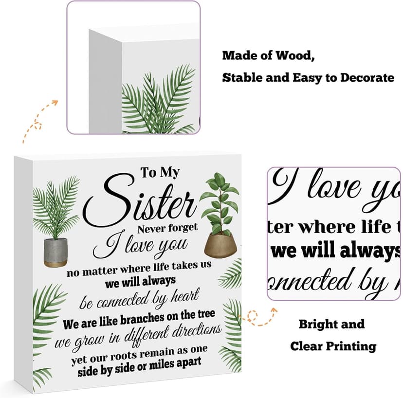 Sisters Gifts from Sister Birthday Gifts for Sister Engraved Wooden Block Sign Desk Table Decor Sign for Sister Christmas Thanksgiving Valentines Day Mothers Day Gift for Sister