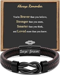 Gift for Men Infinity Bracelet for Men Dad Husband Boyfriend Son Grandson Brother Nephew Uncle Brown Braided Leather Forever Linked Together Stainless Steel Engraved with Love You Forever Jewelry 7.5|8.5|9 Inches