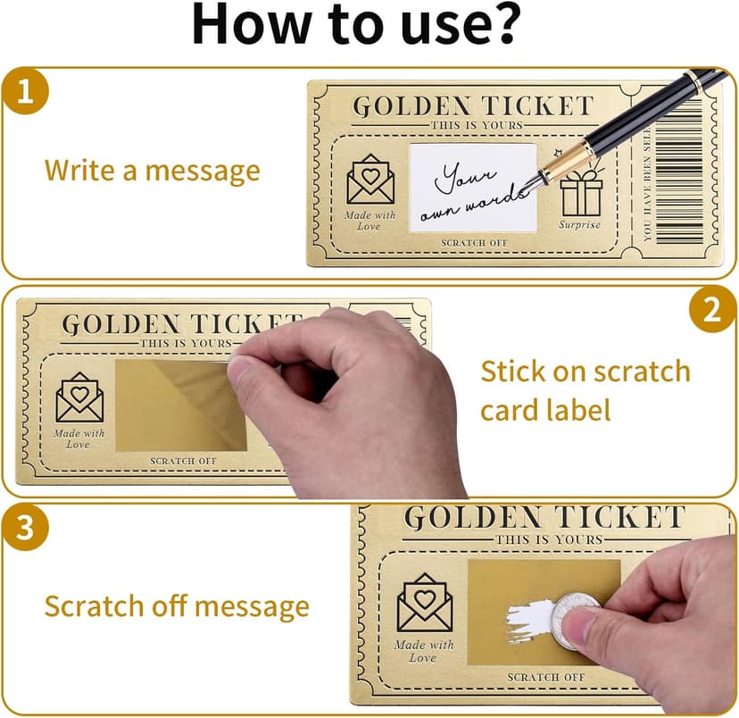 6 Pieces Golden Ticket Scratch-off Cards with Envelopes, Scratch & Reveal Surprise Ticket for Writing Your Own Special for Birthday, Girlfriends, Wives, Valentine's Day Card, Christmas Gift Card