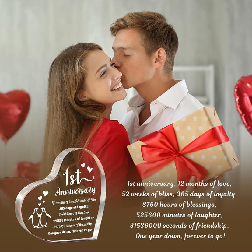 1 Year Anniversary Wedding Gifts for Boyfriend Girlfriend, One Year 1st Anniversary Romantic Gifts for Him Her, Heart Shaped Acrylic Block for Couple Husband Wife, Penguin Keepsake