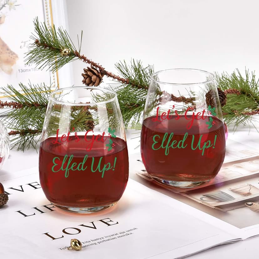 Let's Get Elfed Up Christmas Wine Glass, 15 Oz Funny Stemless Wine Glasses for Women Friends Men, Gift Idea for Christmas Wedding Party, Set of 2