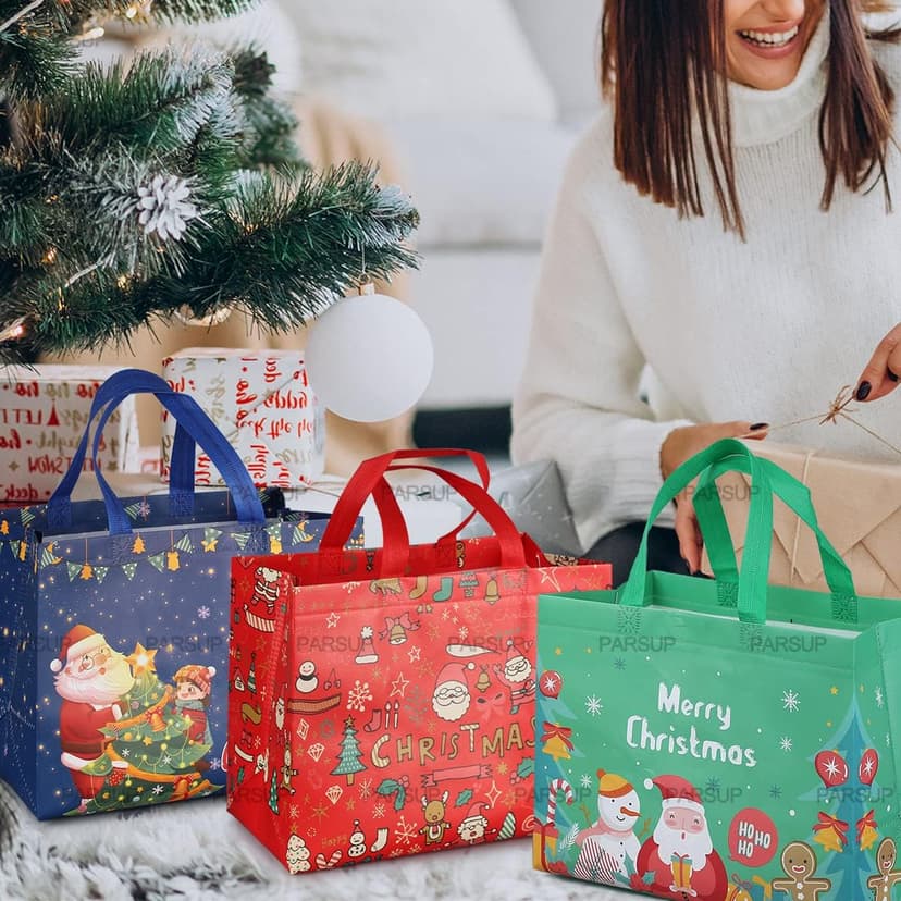 PARSUP Multifunctional Non-Woven Christmas Bags for Gifts Wrapping Shopping - Treat Bags with Handles, Xmas Party Supplies