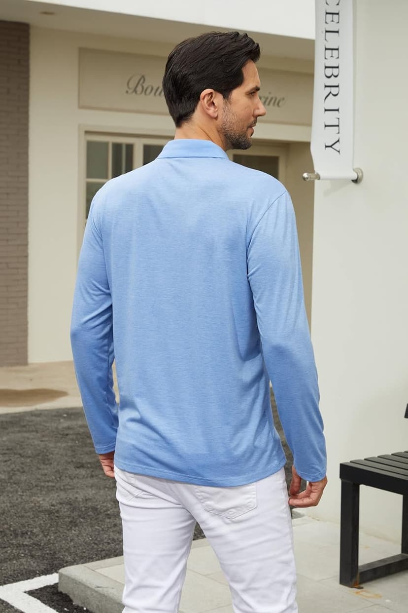 Qekoma Men's Casual Polo Shirts Classic Button Basic Long Sleeve Shirt Solid Color Cotton Tees Stylish Tops