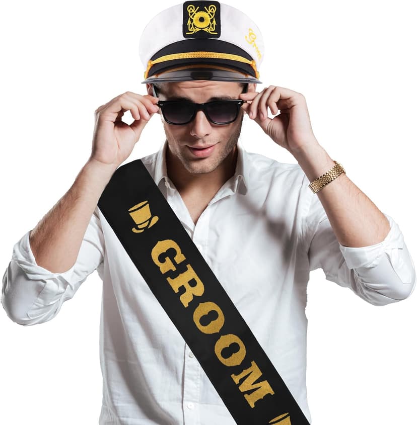 Bachelor Party Captain's Hat, Glasses, Sash Set - Groom To Be Accessories Set Includes Captain's Hat Groom Sunglasses Groom Sash Funny Bridal Shower Groomsman Wedding Gifts Favors Decor Decorations