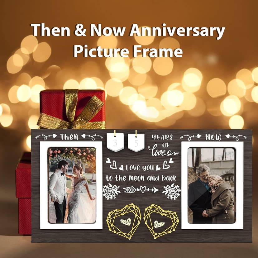 Then & Now Anniversary Picture Frame - 1-99 Years Anniversary Wedding Gift for Couple, Engagement Bridal Shower Gifts for Couples Wood Photo Frame Holds 2 4x6 Inches Photos
