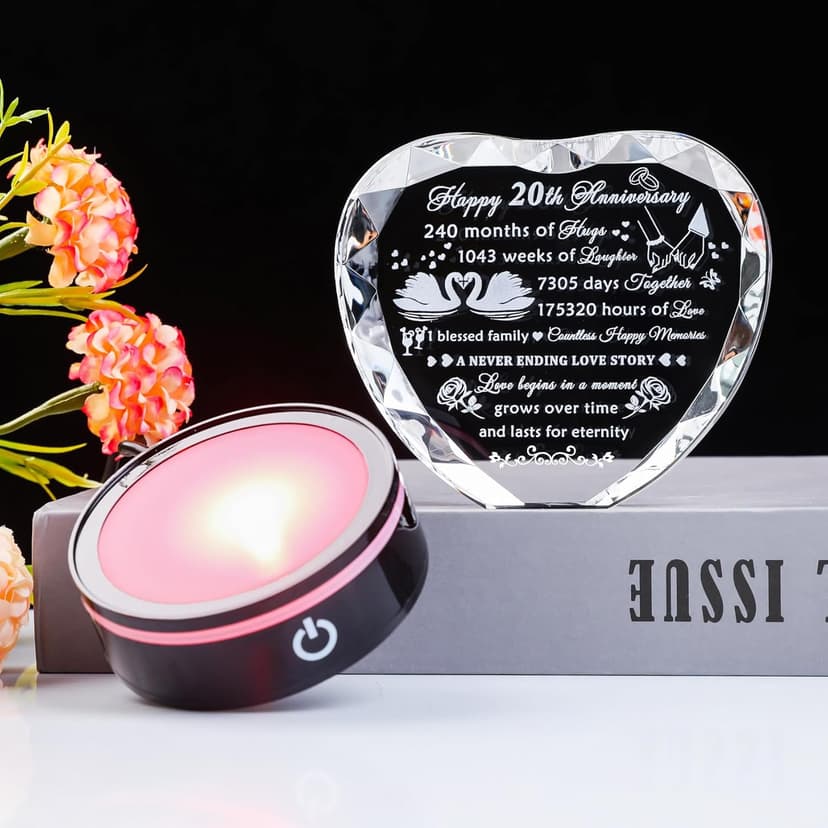 YWHL 20th Anniversary Crystal Heart Gifts for Wife Husband, Laser Engraved Romantic 20 Year Wedding Anniversary Crystal Keepsake Gifts for Her Him, 20 Years of Marriage Gift for Couples Friends