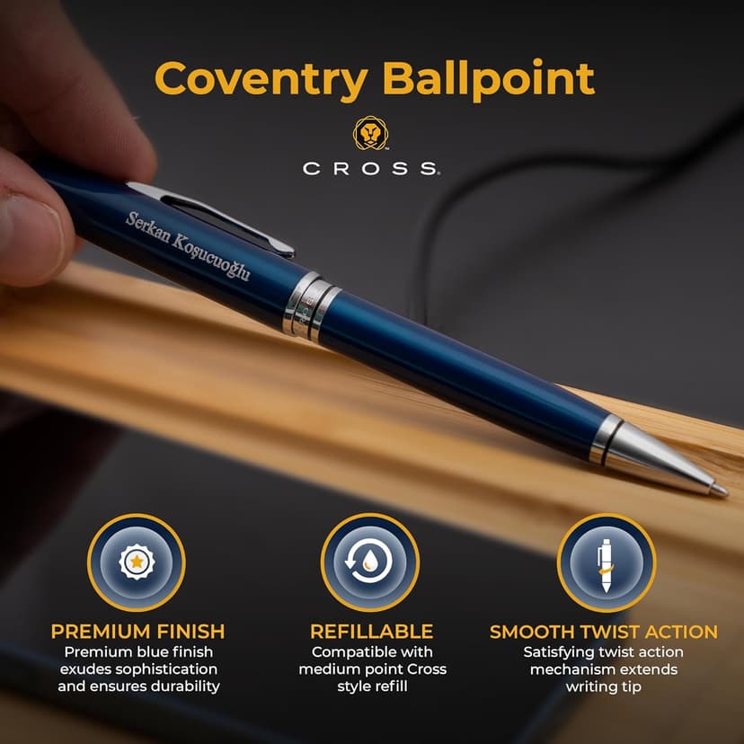 Personalized, Custom Engraved Cross Pen for Men or Women | Cross Coventry Ballpoint Pen | Luxury Gift for Office, Graduation and Business [Blue Lacquer with Chrome Trim]