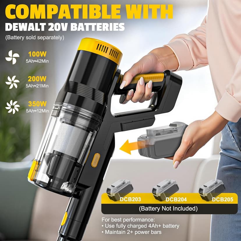 LIVOWALNY Cordless Vacuum Cleaner Compatible with DeWalt 20V Battery, 350W Brushless 40kPa Suction, 0.8L Dual Dust Cup, LED Floor Brush & 180° Flex Wand for Hardwood & Carpet (Battery Not Included)