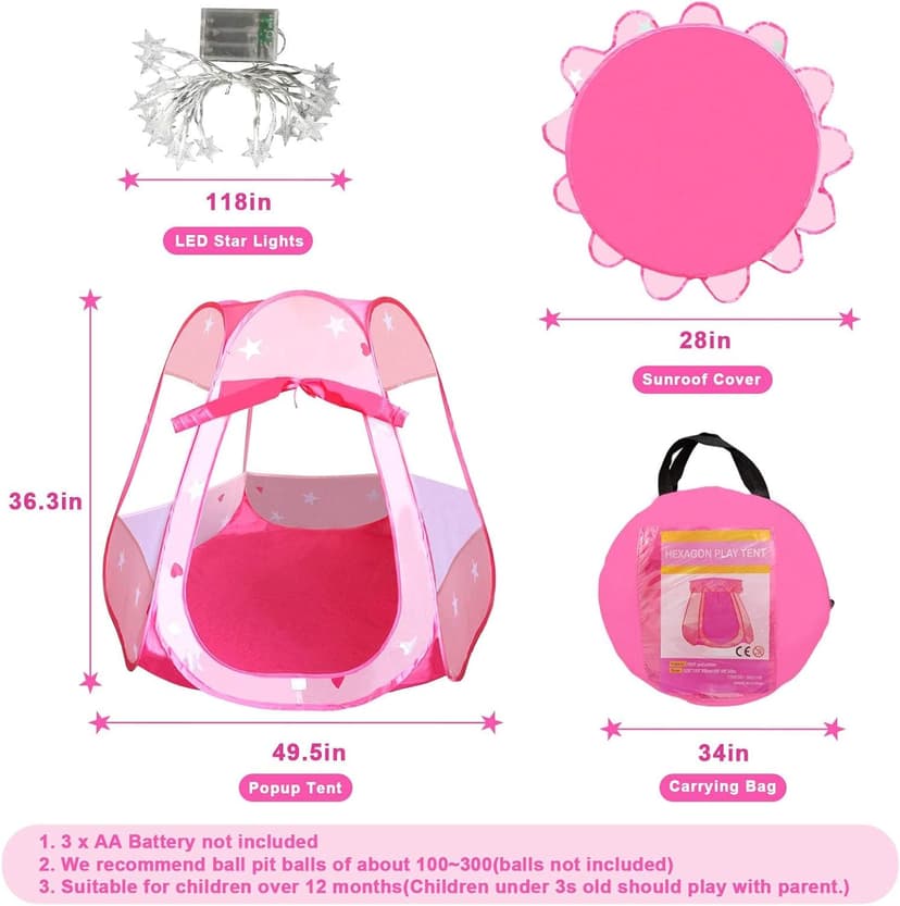 Pop Up Princess Tent with Colorful Star Lights for 1 2 3 Year Old Birthday Gift, 12-18 Months Baby Girl Toys, Foldable Ball Pit with Carrying Bag, Indoor&Outdoor Play Tent for Kids