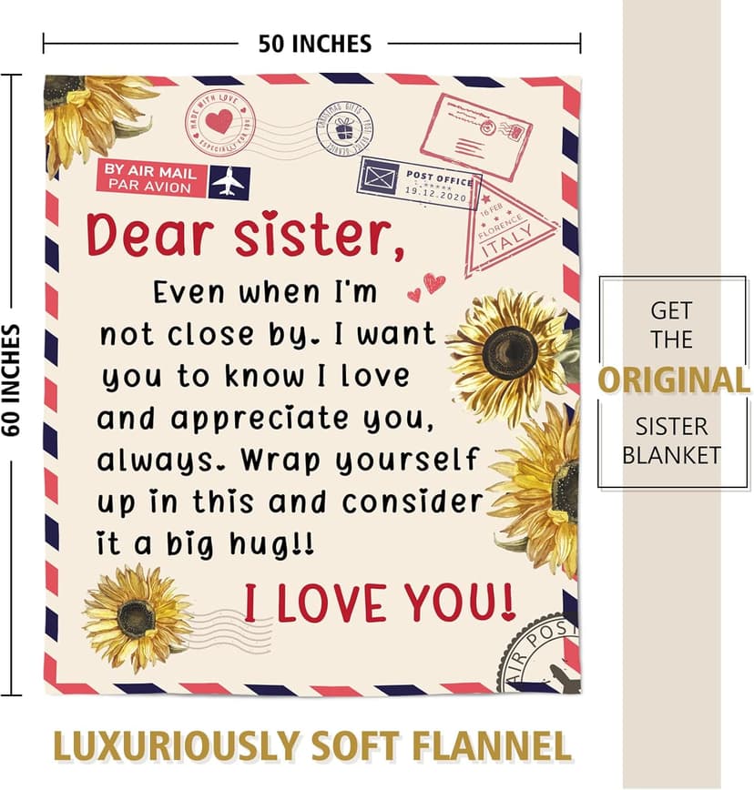 Niyewsor Sister Birthday Gifts, Sister Gifts Blanket, Sisters Gift from Sis, Present for Sisters on Mothers Day, Christmas, Dear Sis Airmail Throw Blanket, 60" * 50"