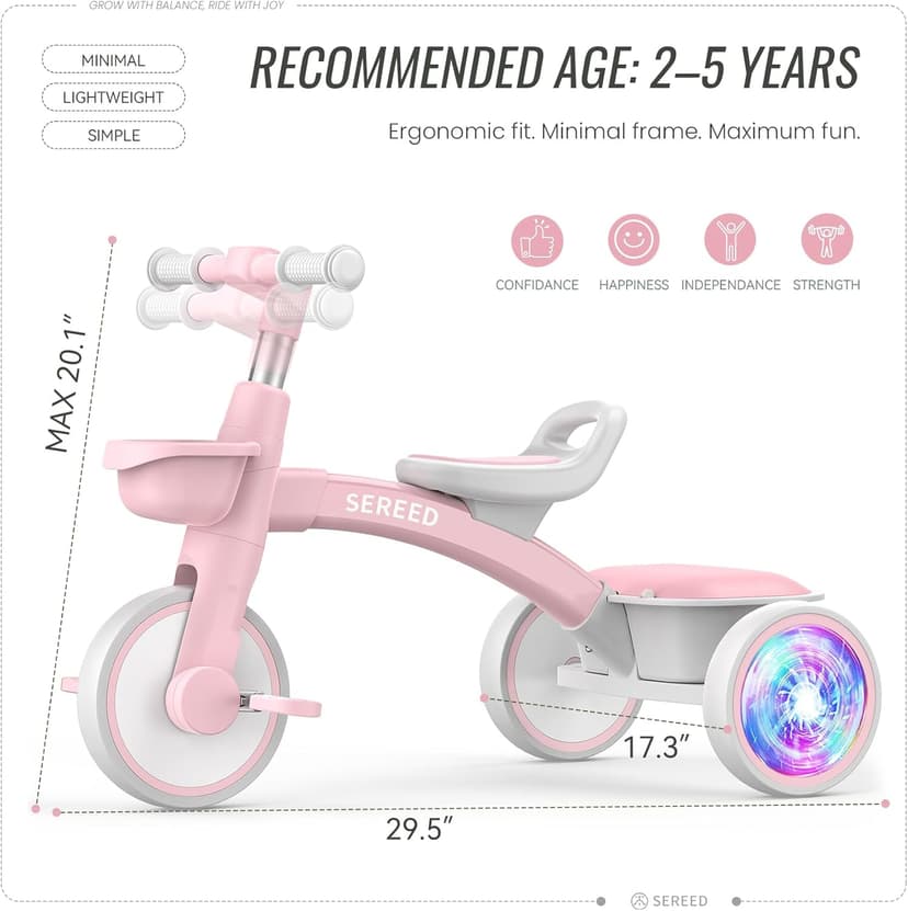 SEREED Colorful Lighting Toddler Tricycle for 2-5 Years Old Girls, Adjustable Seat&Handlebar Trike, Removable Basket, Birthday Gift Idea for Kids Ages 2+ (Pink)