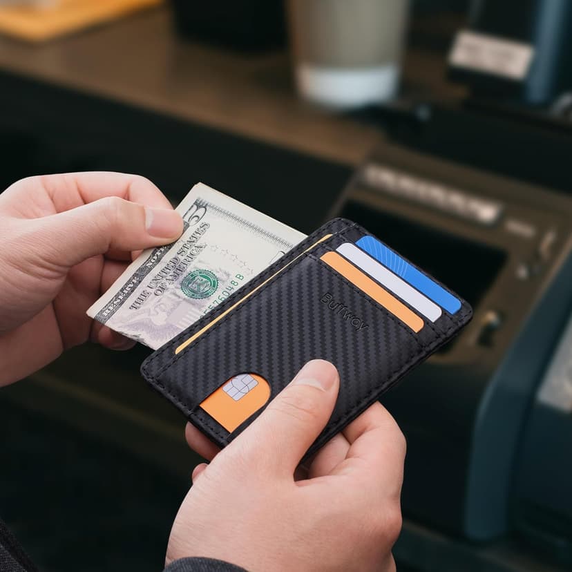Buffway Slim Minimalist Front Pocket RFID Blocking Leather Wallets for Men and Women - Carbon Fiber Black
