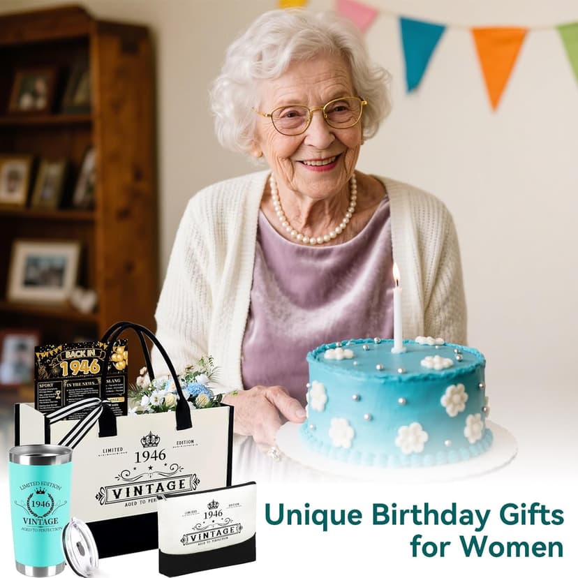 80th Birthday Gifts for Women Her- 4 pcs, Turning 80 Year Old Gifts, Decorations Canvas Beach Tote Bag & Makeup Bag, Unique Happy 80th Birthday gifts for Her Mom Wife Friends