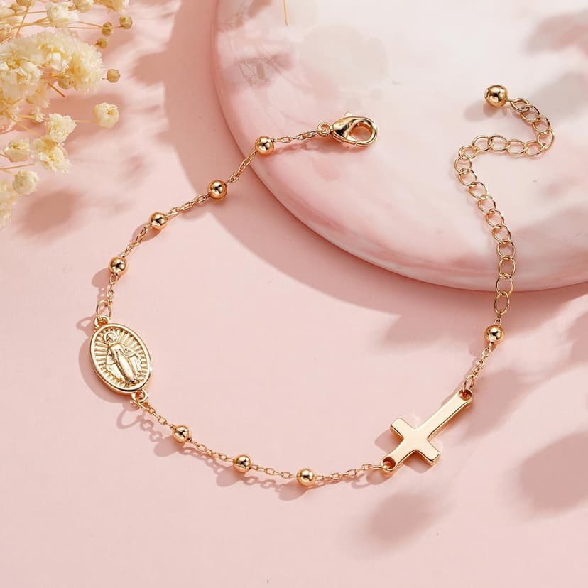 Catholic Virgin Mary Cross Bracelet Gifts for Girls Teens Women, Rosary Beads Charm Link Chain Bracelet Christmas Christian Religious Jewelry Gifts