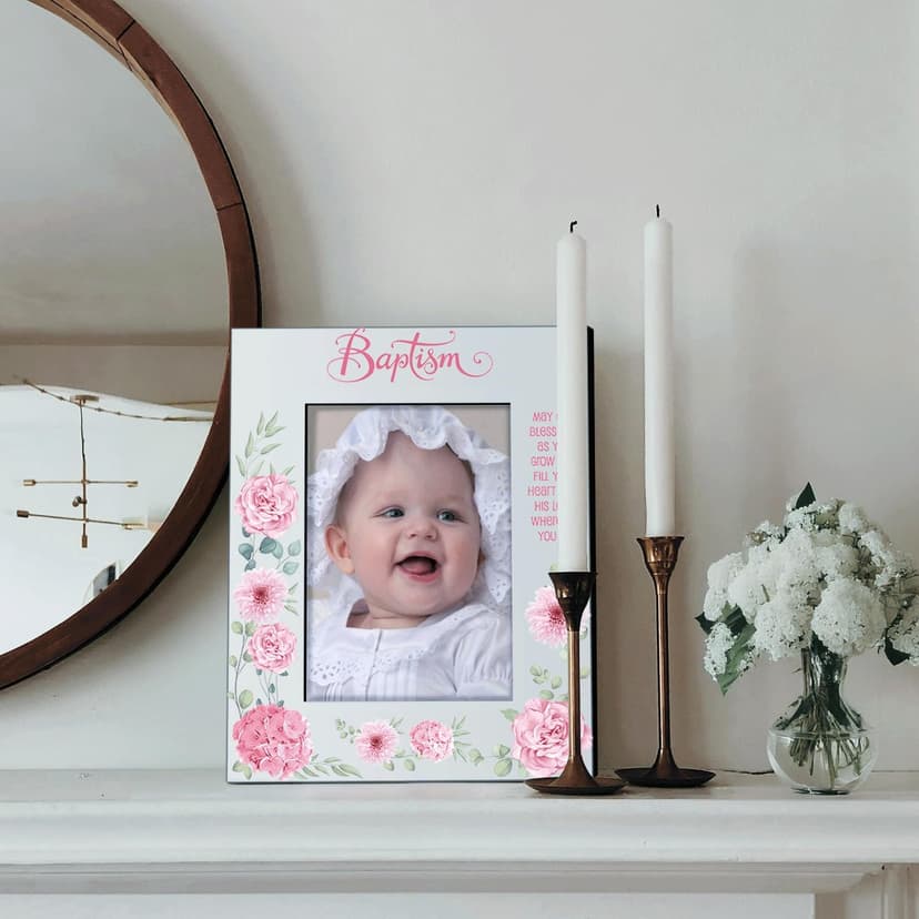 KATE POSH Baptism Picture Frame for Girl, Pink Flowers Decor, Christening, Religisous Gift, From Godparents, New Baby (5x7-Vertical)