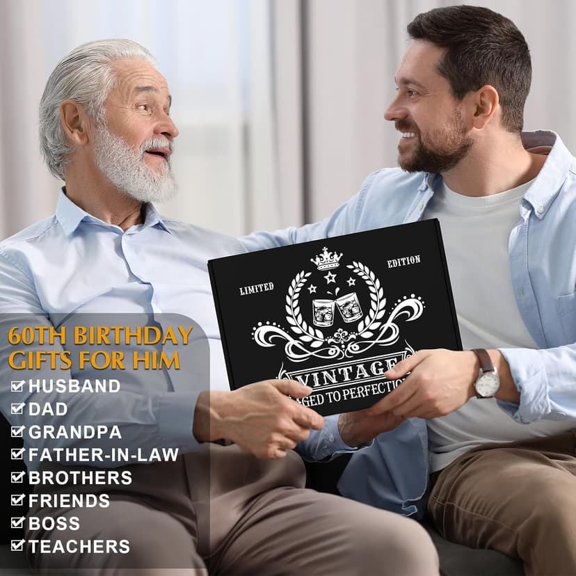 60th Birthday Gifts for Men Whiskey Glass Set, 60th Birthday Party Supplies with 11 Oz Whiskey Glass Coaster Stone Baseball Cap Apron Sock Funny Toilet Paper Keychain for Him, Dad, Husband, Friends