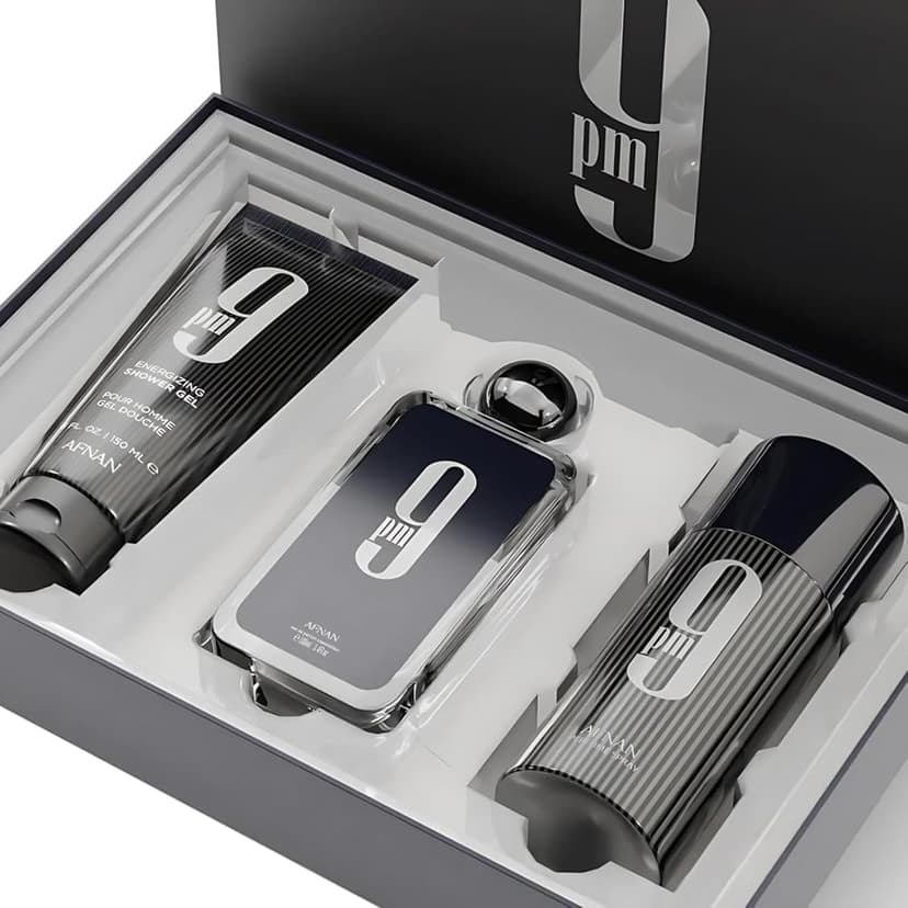 Afnan 9 PM Luxury Perfume Gift Set – Eau De Parfum (3.4 Oz), Deodorant (5.0 Oz), Shower Gel (6.7 Oz)