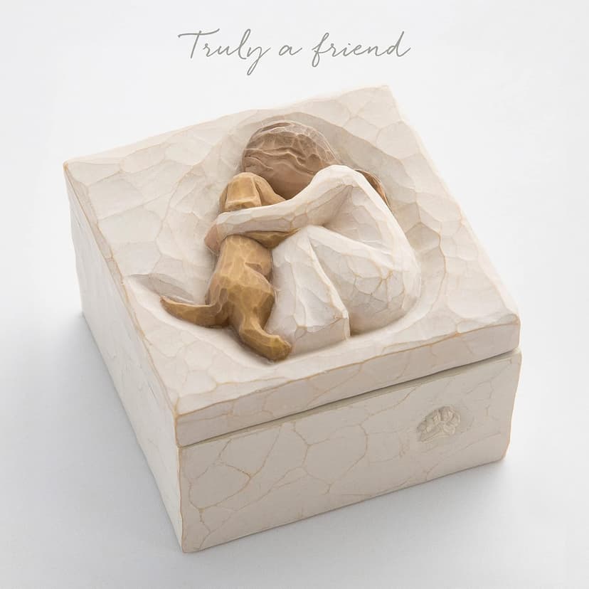Willow Tree True, Truly a Friend, Box for Jewelry and Treasures with Bas-Relief Carving of Girl with Puppy Dog, Sculpted Hand-Painted Keepsake Box