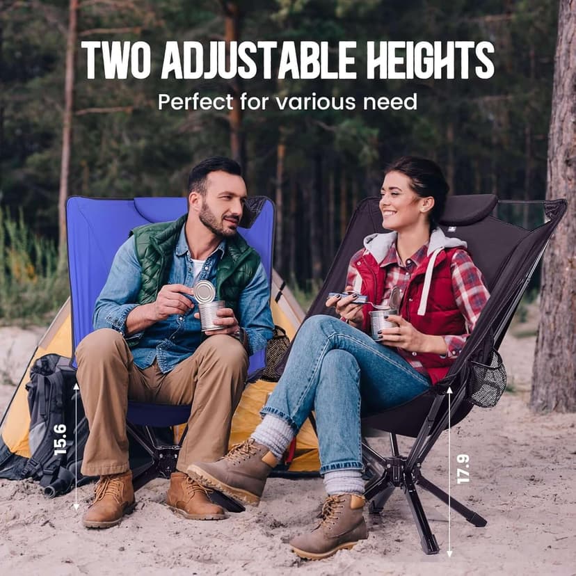 TCEK TCEK Portable High Back Camping Chair with Adjustable Height, Small Compact Outdoor Folding Chair for Adults Travel, Riselite Collapsible Lightweight Packable Camp Chairs, Easy Carry and Quick Setup