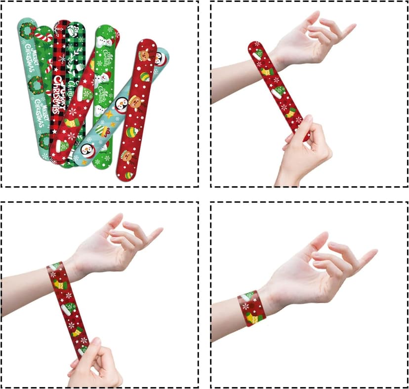 CCINEE 48Pcs Christmas Slap Bracelets，Xmas Slap Wristbands Assorted Pattern Snap Wristbands for Kids Christmas Party Favors Gift Bag Filler