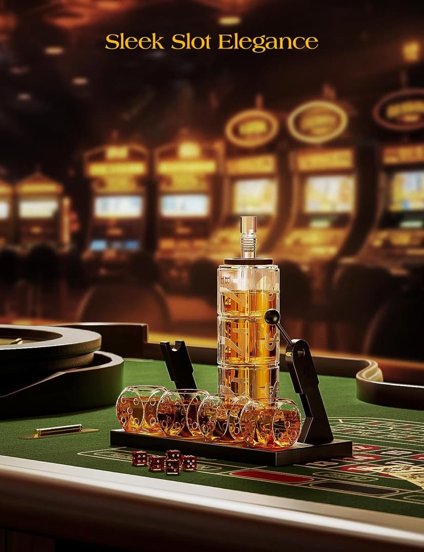 Kollea Slot Whiskey Decanter Set for Men, 50.7 Oz Casino Style Whiskey Decanter with 4 Dice Glasses, Birthday Gifts for Men Dad, Him, Boyfriend, Guy, Liquor Dispenser for Anniversary, Bar Christmas