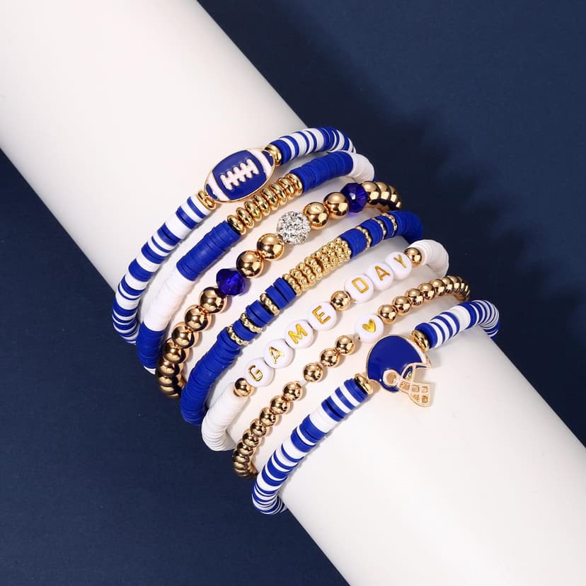 Game Day Bracelets for Women - Red, Black, Blue Heishi Clay Beaded Stretch Bracelets - Stackable Sports Charm Bracelet Bangles - Football Mom Accessories & Outfits Jewelry Gifts