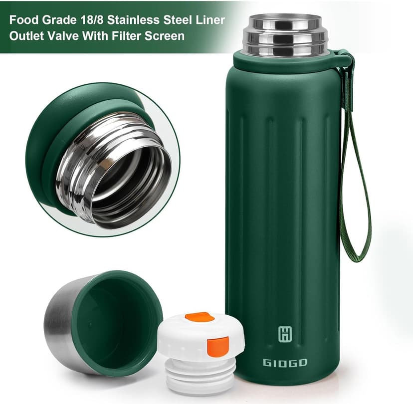 Vacuum Insulated Bottles with Cup 800ml/27oz Stainless Steel Hot Thermo Bottles for Cold and Hot Drinks Water Coffee Thermo with Cup (DarkGreen,800ml)