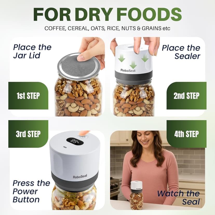 RoboSeal Rechargeable Mason Jar Vacuum Sealer for Mason Jars Wide & Regular Mouth, One Touch Operation, 10 Jar Lids and Jar Opener Included, Digital Battery Indicator, Preserves Foods 5x Longer