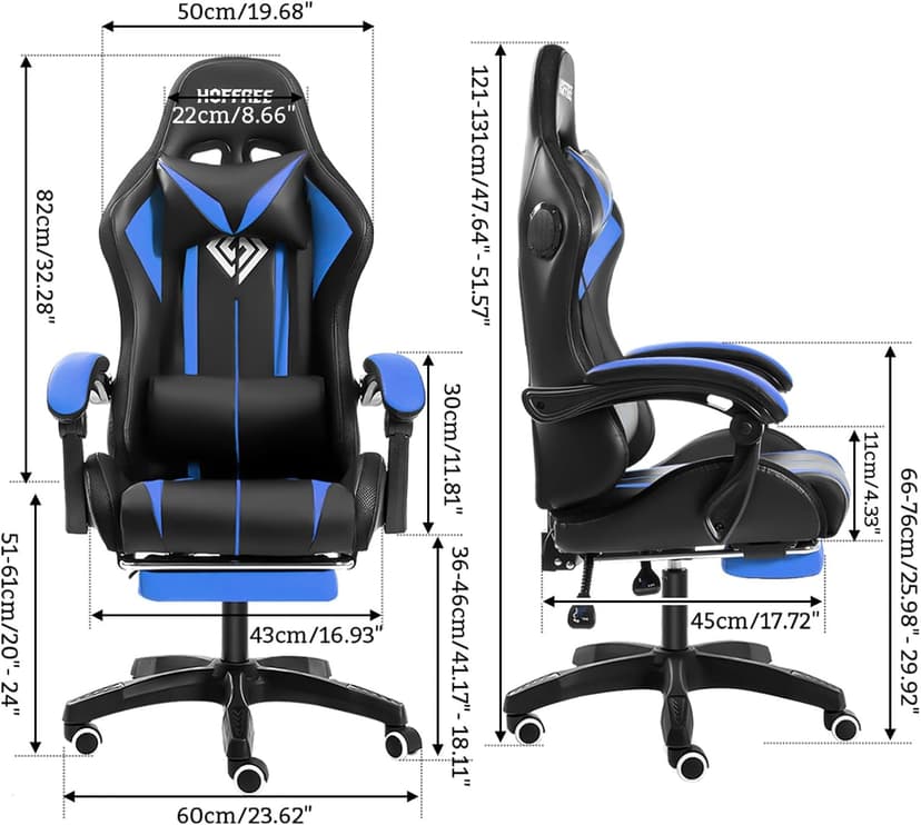 HOFFREE RGB Gaming Chair with Speakers Massage Computer Gaming Chair with LED Lights and Footrest High Back Video Game Chair for Adults Blue and Black