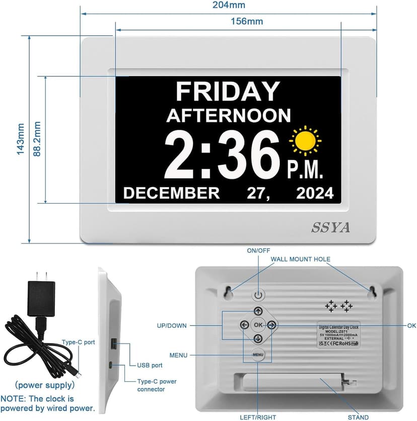 SSYA Digital Calendar Alarm Clock - Dementia Clocks for Seniors, Non-Abbreviated Memory Loss Clock with Date and Time for Elderly (White)