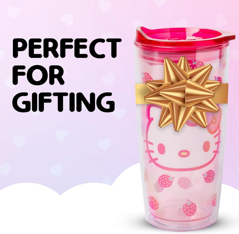 Silver Buffalo Sanrio Hello Kitty Strawberry Double Wall Travel Tumbler with Slide Close Lid, 20 Ounces