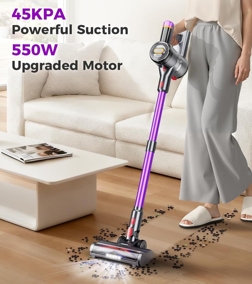 Cordless Vacuum Cleaner, 550W/45Kpa/60Mins Stick Vacuum, Anti-Tangle Vacuum Cleaners for Home with Self-Standing, LDE Display, 8-in-1 Wireless Vacuum for Carpet Pet Hair Hardfloor