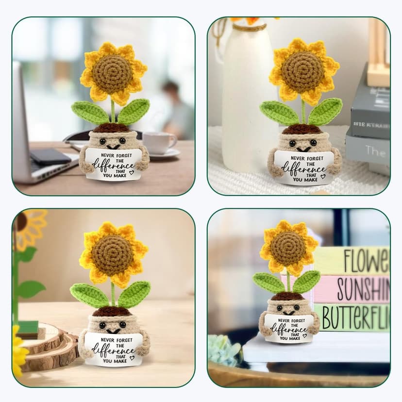 Mini Positive Crochet Sunflower, Cute Cheer Up Gifts for Women, Crochet Plant with Optimistic Card for Nurse Teacher Boss, Thank You Gifts for Friends, Coworker and Sunflower Decor