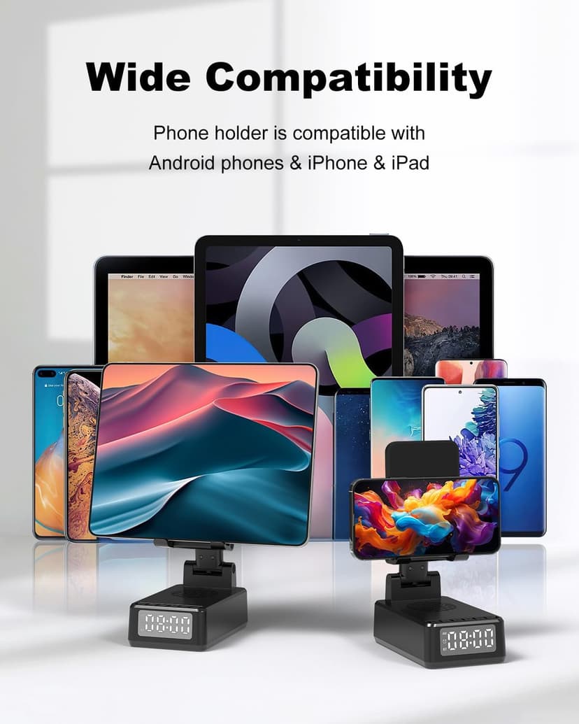 Birthday Gifts for Men Women,6-in-1 Cell Phone Stand Holder with Wireless Bluetooth Speaker & Wireless Charger,Alarm Clock for iPhone,HD Surround Sound Portable Bluetooth Speaker Gifts for Him Her