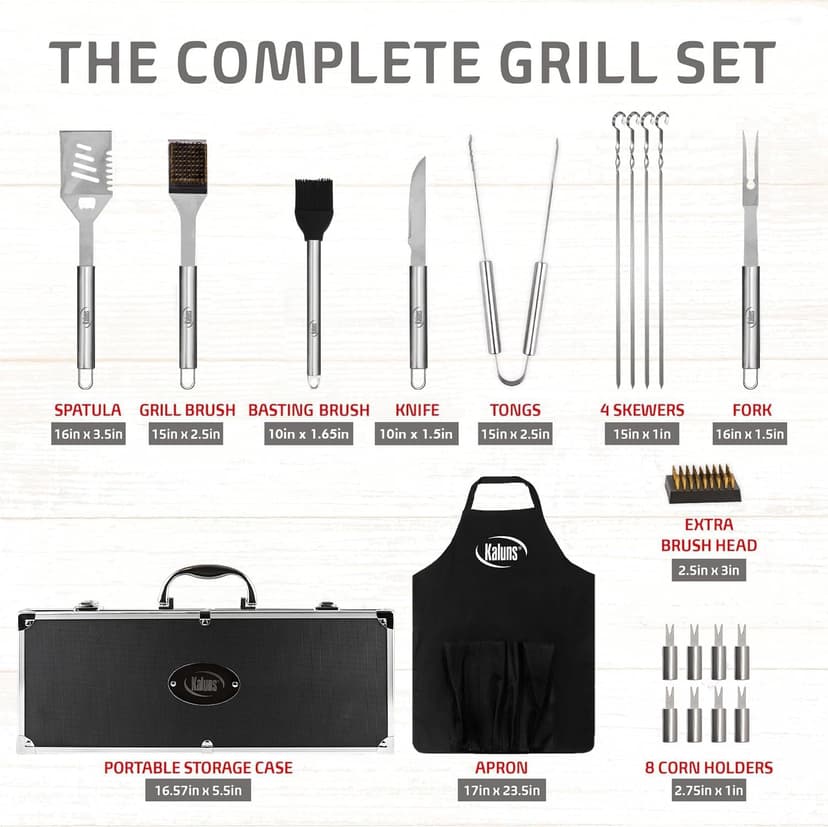 Kaluns Grilling Accessories, Birthday Gifts for Men Grilling Gifts, Heavy Duty Stainless Steel BBQ Grill Tools Set for Outdoor Grill with Aluminum Case and Apron, Husband Dad Gifts for Christmas