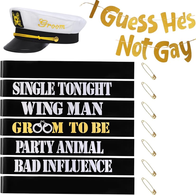 Men's Bachelor Party Decorations Kit with 1 Groom & 6 Groomsmen Belts, Gold Glitter Banner & Captain Hat for Bachelorette Party Supplies & Accessories