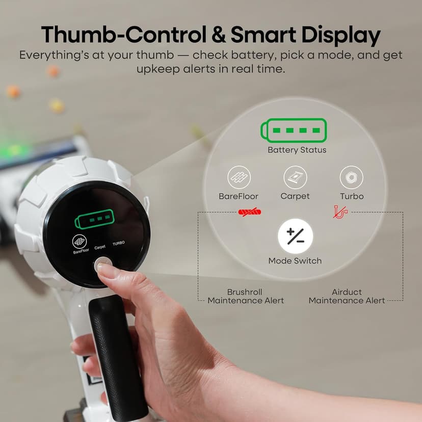 ElecKeys Cordless Vacuum Cleaner, 580W 48KPA 65Mins Vacuum Cleaners for Home, Self-Standing Anti-Tangle Vacuum with LED Display, Rechargeable, Lightweight, Cordless Vacuum for Floors/Pet Hair/Carpets